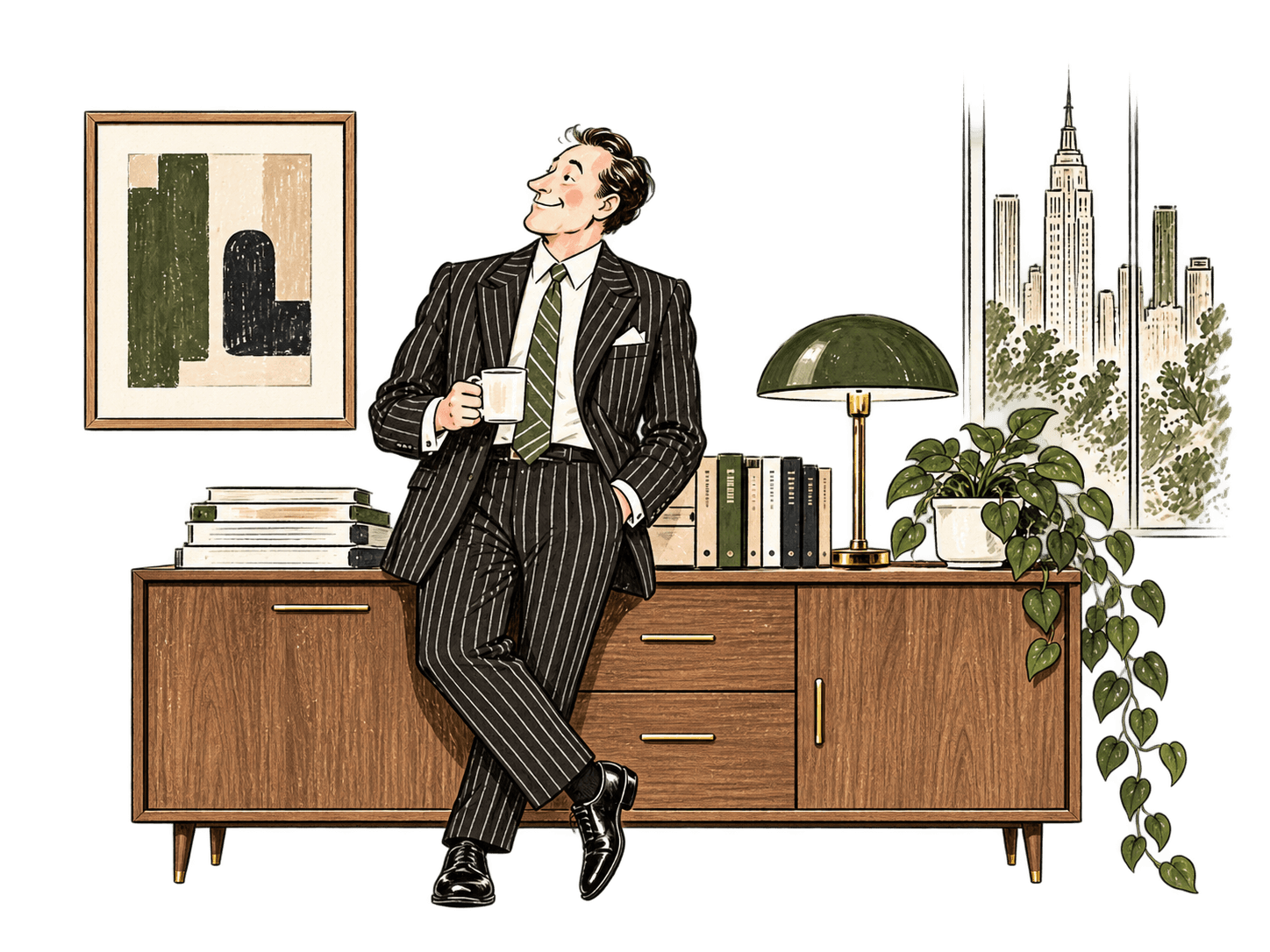 Roscoe in a warm office beside a cabinet, books, plants and a city window